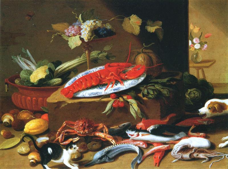 Jan Van Kessel Chien et chat devant un homard oil painting image